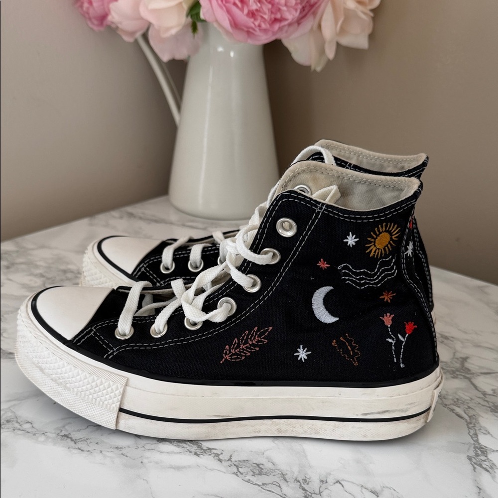High-Top Canvas Sneakers with Moon & Sun Embroidery - Black